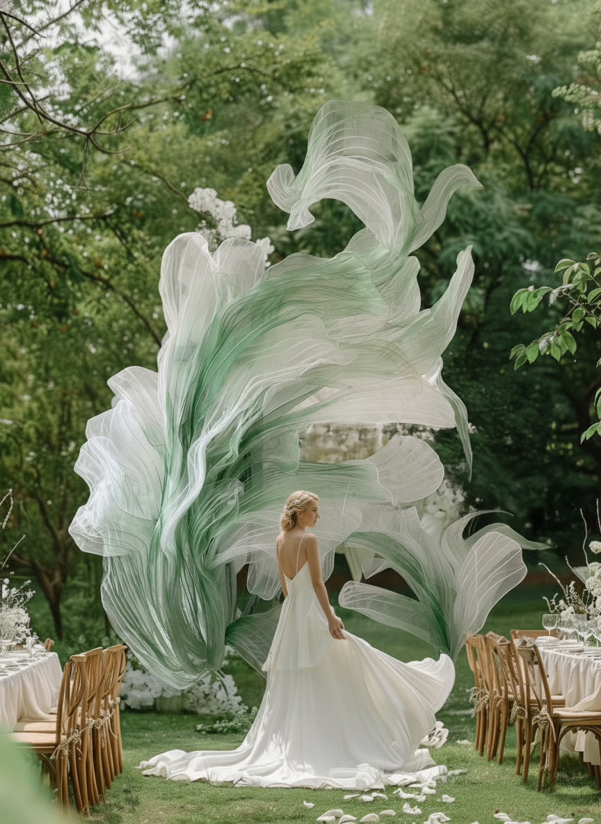  Hana Form silk floral installation with green and white colors for wedding set up